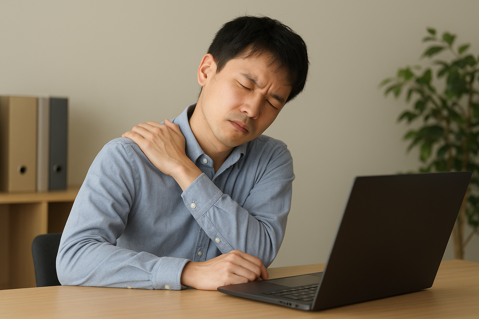 デスクワークで肩から背中の重さに悩む男性