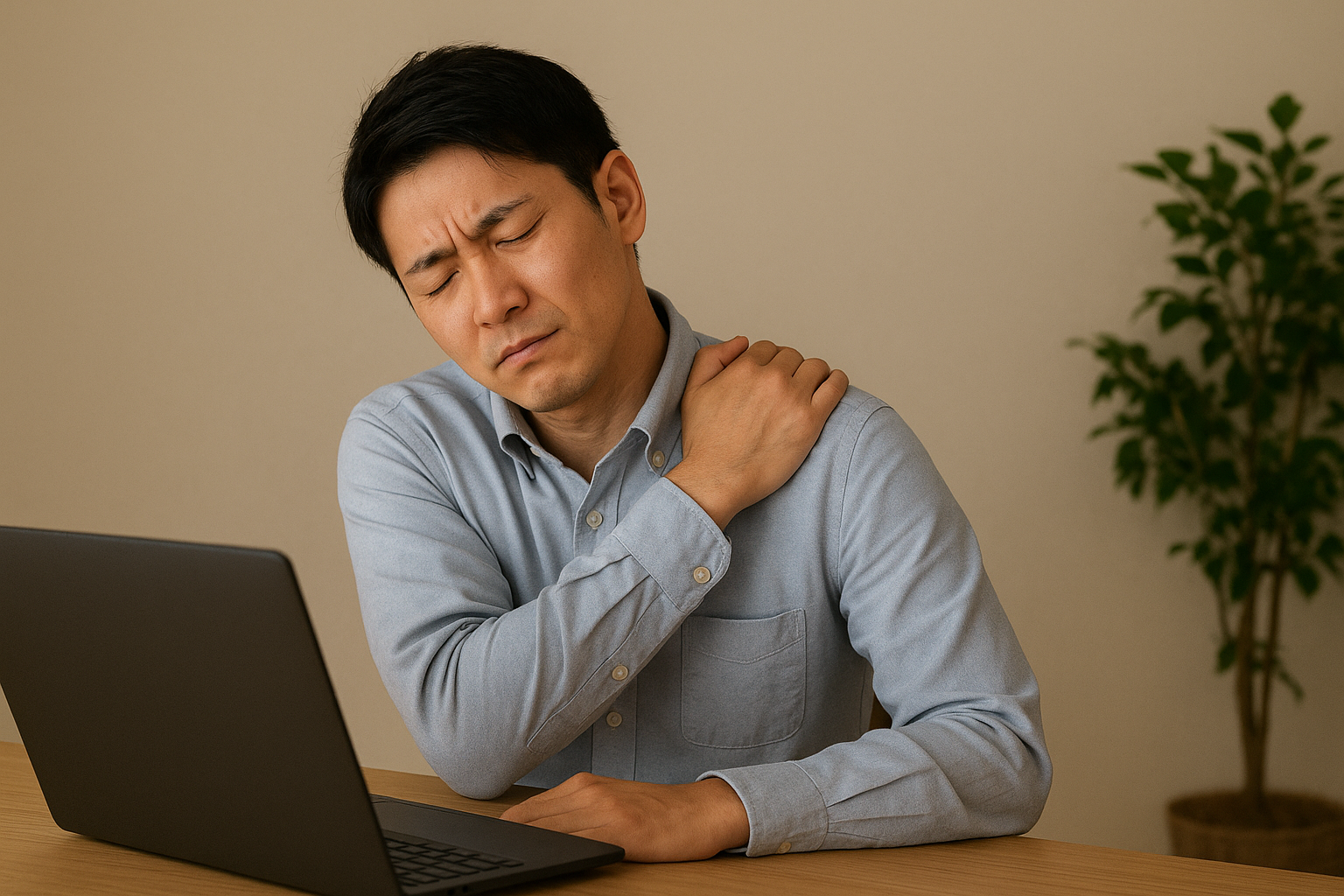 デスクワークで肩から背中が重く、胸が息苦しいと感じる日本人ビジネスマンの写真（ブラウン系）