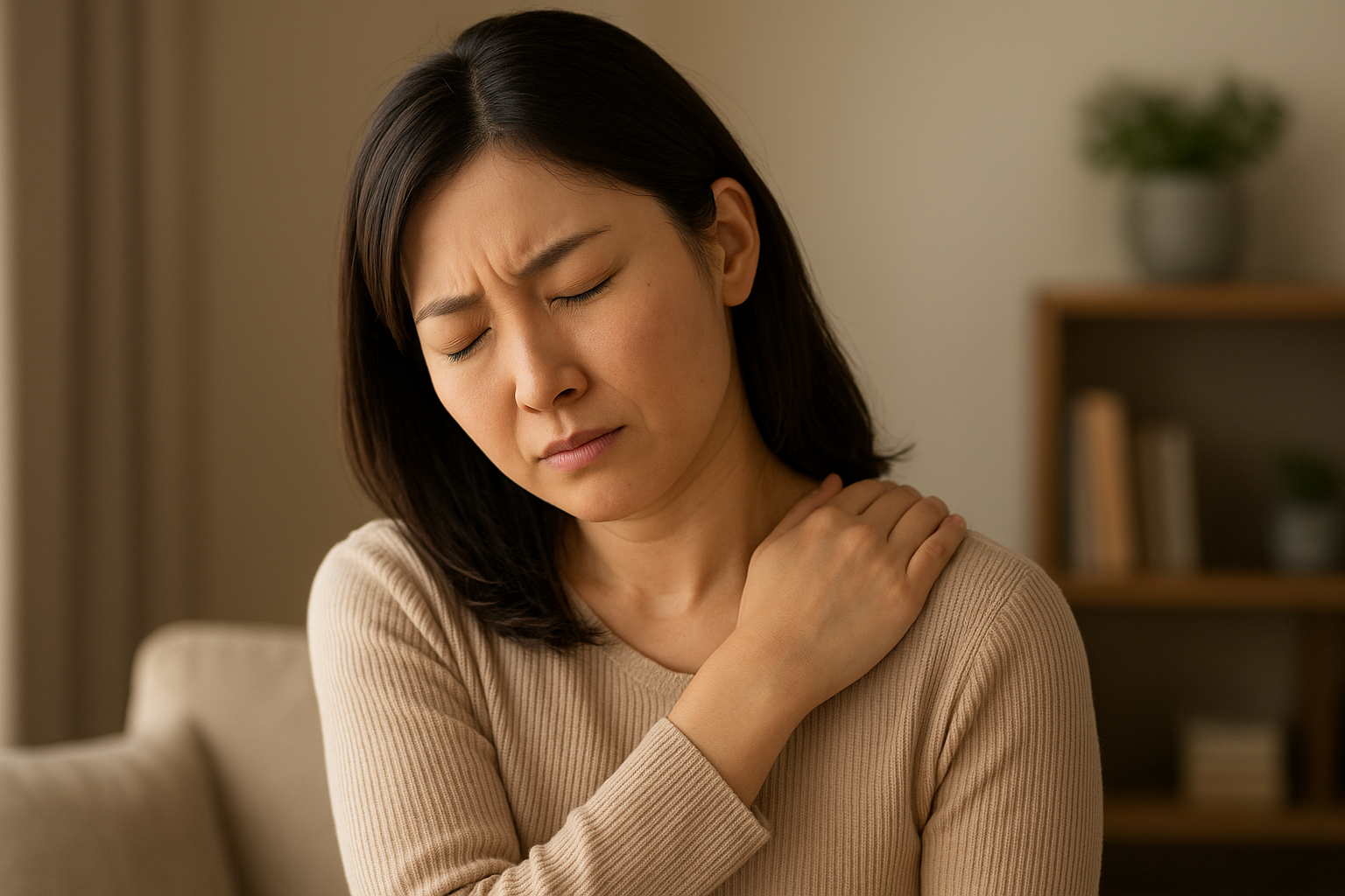 肩こりに悩む日本人ビジネスマン。ブラウン系の暖かいトーンの写真